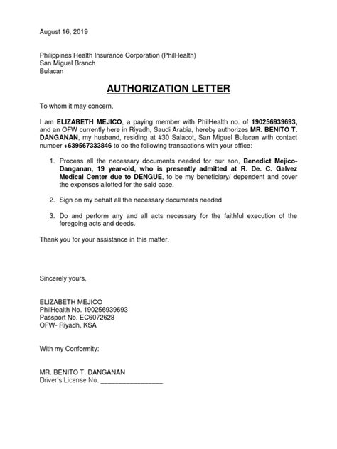 Authorization Letter Sample For PhilHealth.
